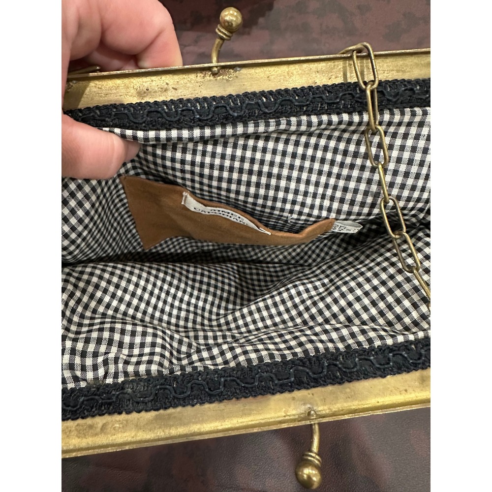Aimee Capobianco Floral Beaded Suede Evening Bag Mother of Pearl Gingham Lining - Picture 8 of 8